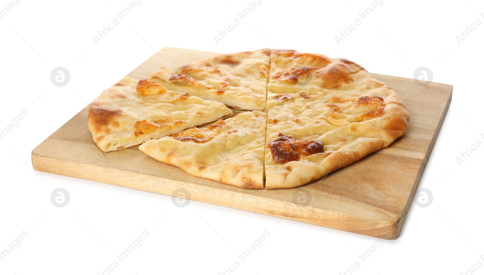 Photo of Delicious khachapuri with cheese on white background