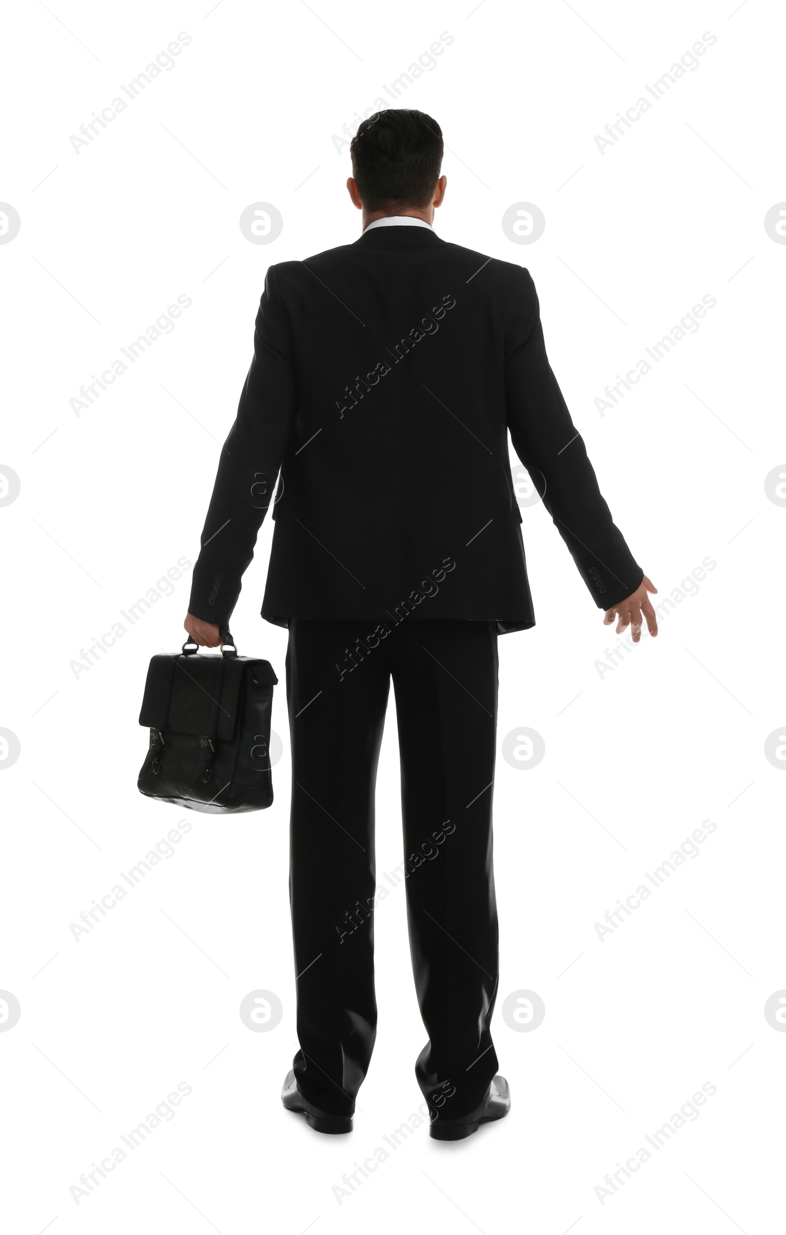 Photo of Businessman with suitcase on white background, back view
