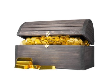 Open treasure chest with coins and gold bars isolated on white