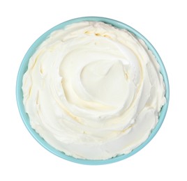 Photo of Bowl of tasty cream cheese isolated on white, top view