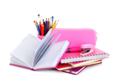 Photo of Set of colorful school stationery on white background