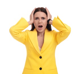 Photo of Beautiful businesswoman in yellow suit on white background