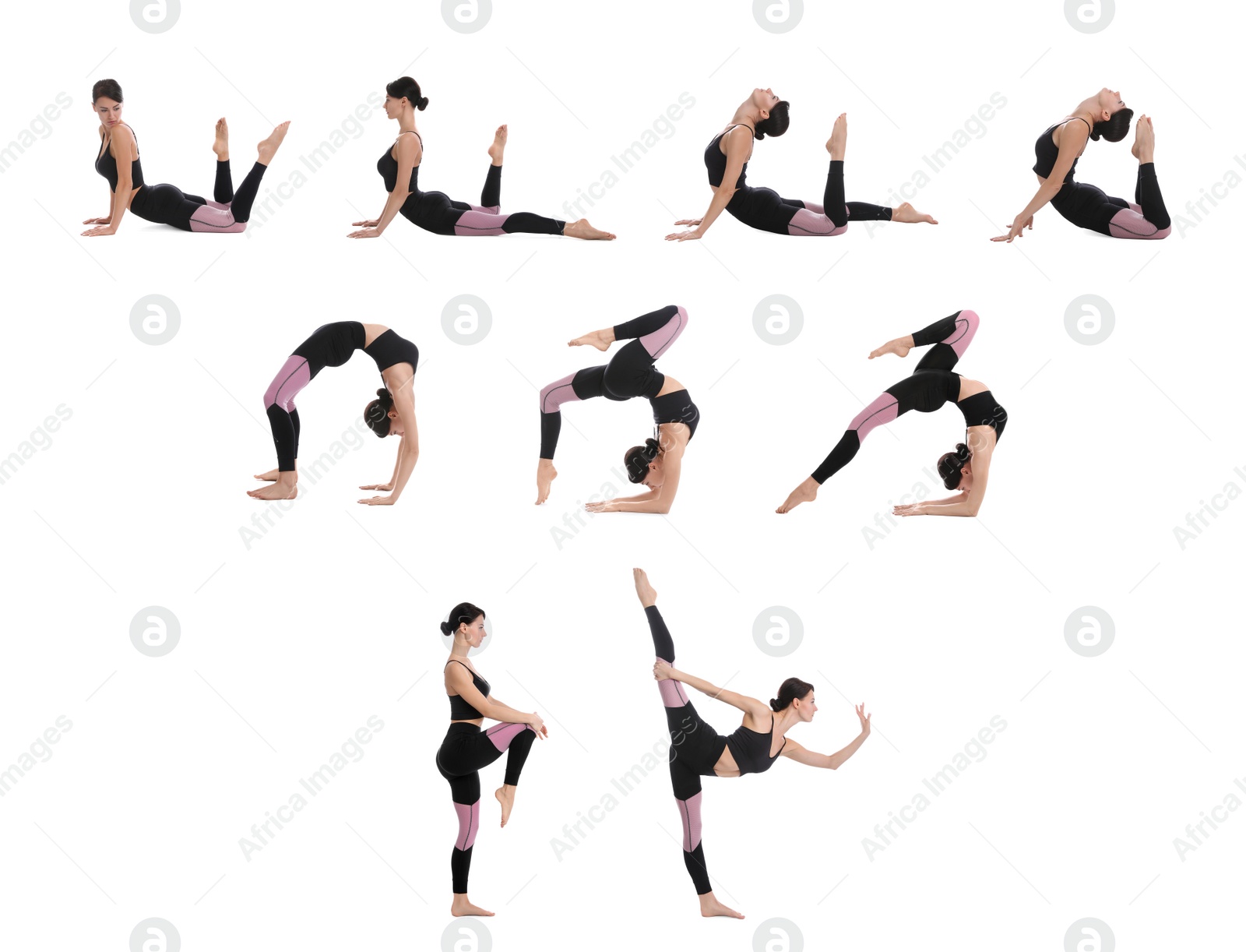 Image of Collage of woman practicing yoga on white background