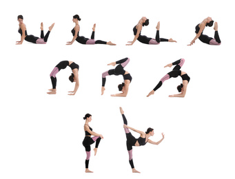 Image of Collage of woman practicing yoga on white background