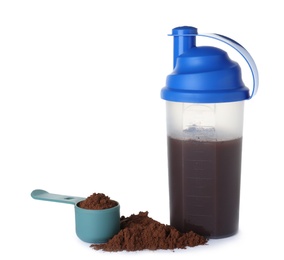 Photo of Chocolate protein powder and shaker bottle with cocktail isolated on white