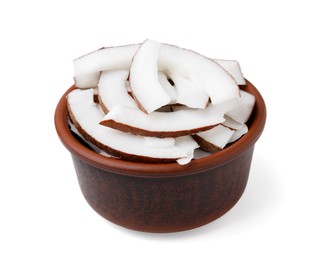Photo of Coconut pieces in bowl isolated on white