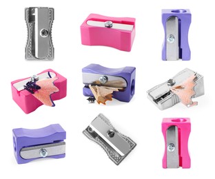 Image of Set with different pencil sharpeners on white background