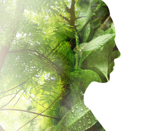 Image of Woman and tropical plants on white background. Double exposure