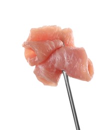 Photo of Fondue fork with pieces of raw meat isolated on white