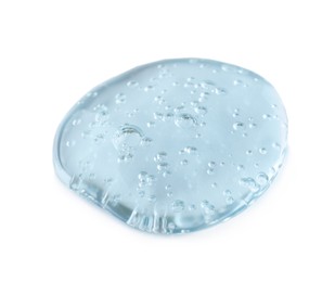 Photo of Sample of transparent shower gel on white background