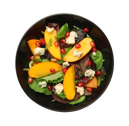Photo of Delicious persimmon salad with pomegranate and spinach isolated on white, top view