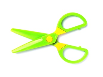 Photo of Colorful plastic scissors on white background. School stationery