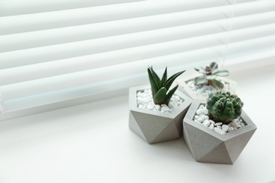 Photo of Window with blinds and potted plants on sill, space for text