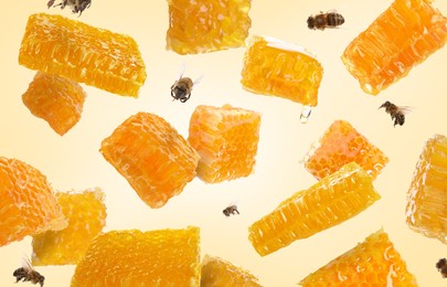 Image of Pieces of honeycomb in air and bees flying on beige background