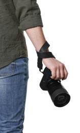 Photographer holding modern camera on white background, closeup