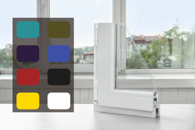 Image of Sample of modern window profile on table and avaiable colors palette