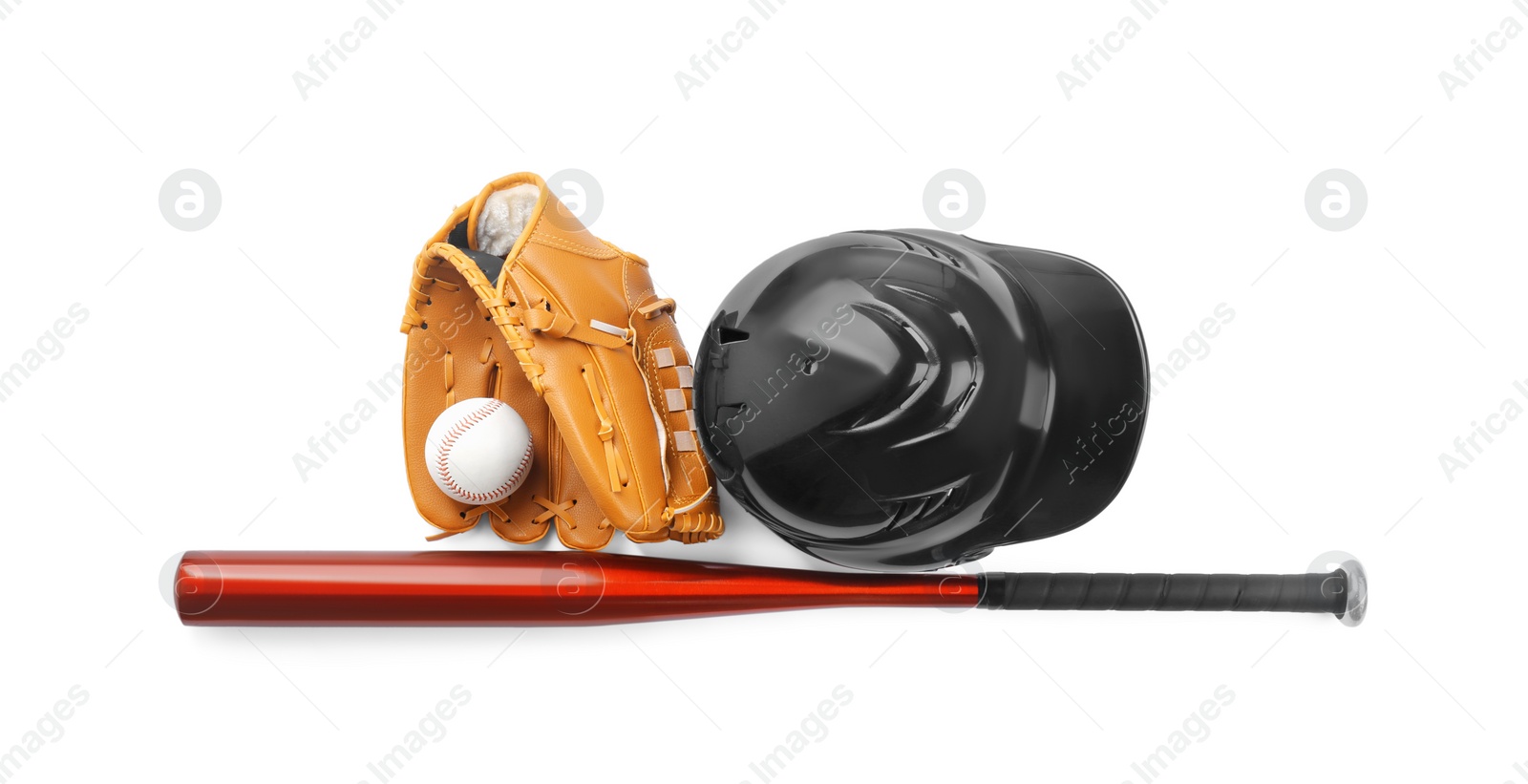 Photo of Baseball glove, bat, ball and batting helmet isolated on white, top view