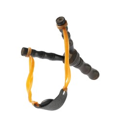 Photo of Black slingshot with pebble isolated on white