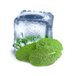 Image of Green mint and ice cube isolated on white