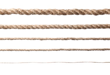 Photo of Set of hemp ropes on white background