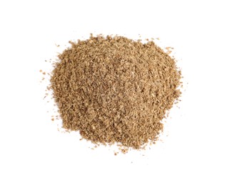 Photo of Heap of powdered coriander isolated on white, top view