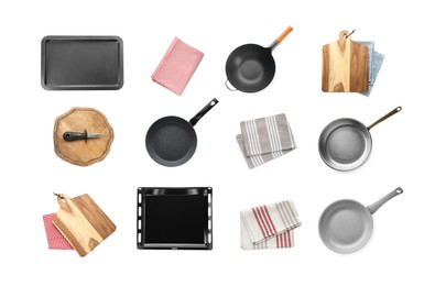 Image of Set with pans, cookware and kitchen utensils on white background, top view