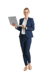 Photo of Full length portrait of young businesswoman with laptop isolated on white