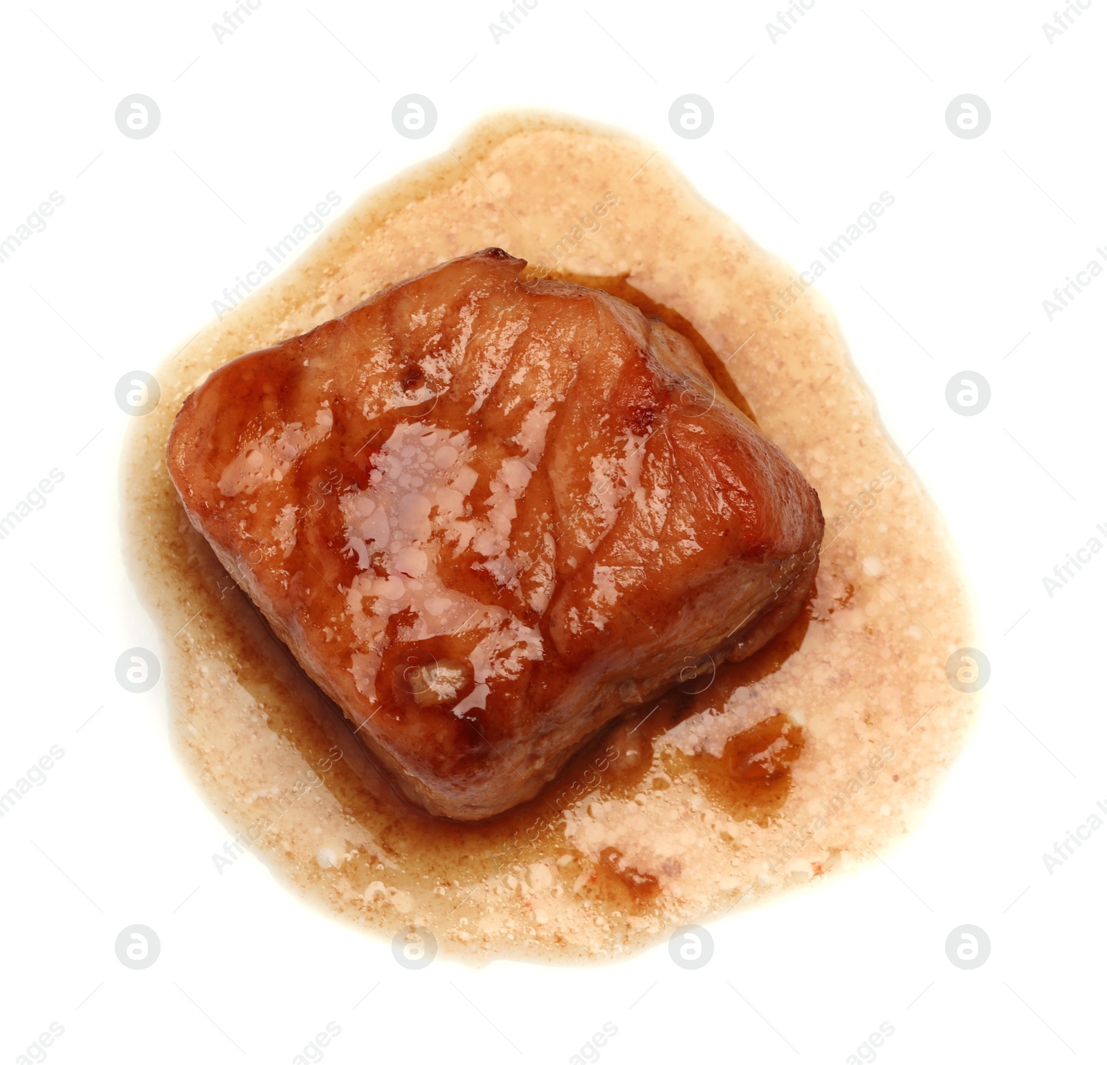 Photo of Piece of delicious cooked beef isolated on white, top view. Tasty goulash