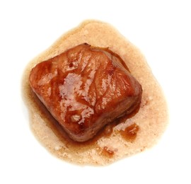 Photo of Piece of delicious cooked beef isolated on white, top view. Tasty goulash