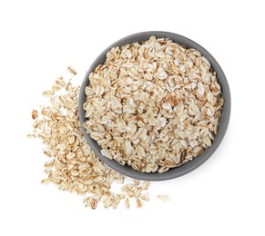 Photo of Raw oatmeal and grey bowl on white background, top view