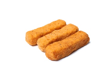 Photo of Tasty crispy cheese sticks isolated on white