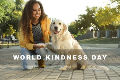 Image of World Kindness Day. Smiling woman stroking dog in park
