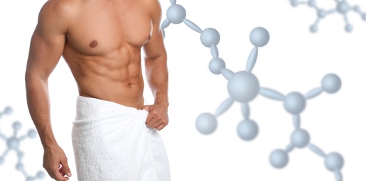 Image of Metabolism concept. Man with slim body on white background, closeup 