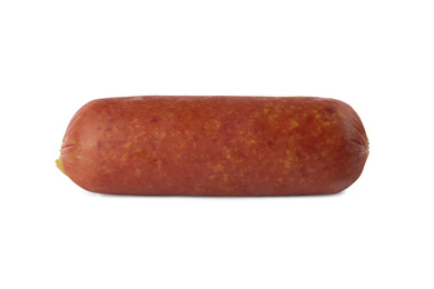 Photo of Delicious smoked sausage isolated on white. Fresh meat product