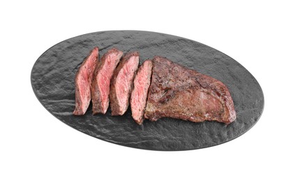 Photo of Pieces of delicious grilled beef meat isolated on white, top view