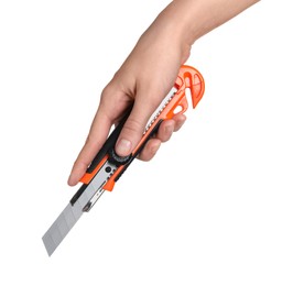 Photo of Woman holding utility knife on white background, closeup