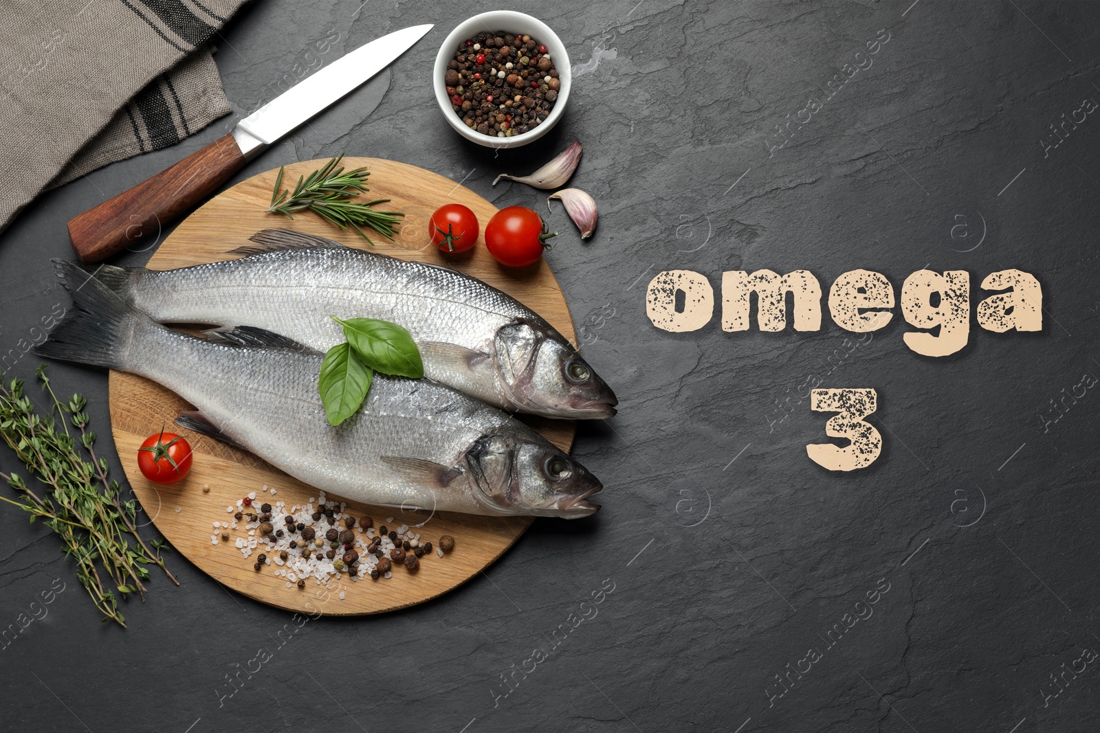 Image of Omega 3. Fresh fish, herbs and spices on black table, flat lay