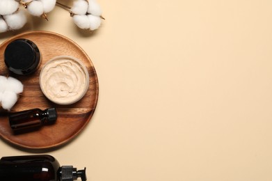 Photo of Bath accessories. Flat lay composition with personal care products on beige background, space for text