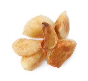 Photo of Many fried garlic cloves isolated on white, top view