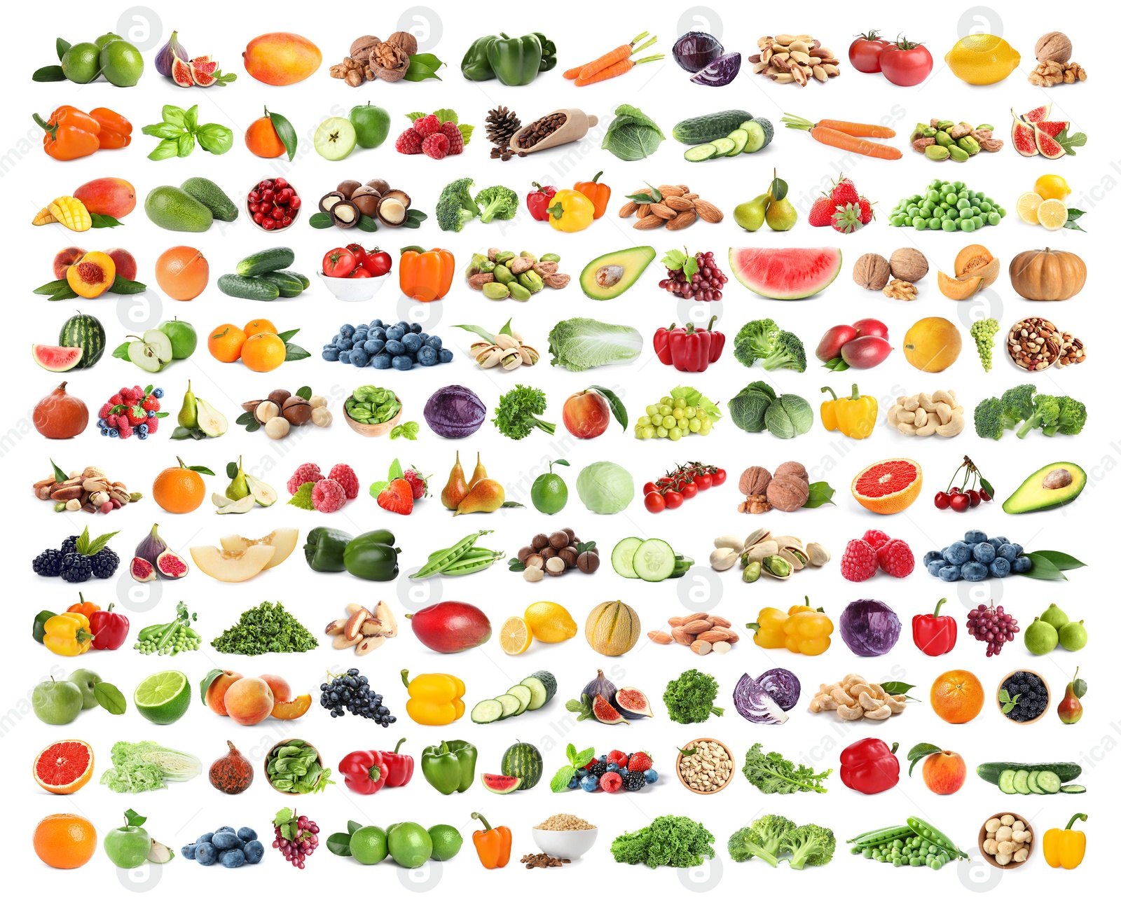 Image of Set of fruits, vegetables. berries and nuts on white background