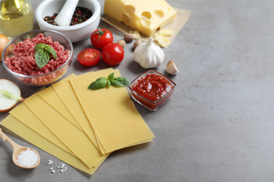 Photo of Fresh lasagna ingredients on grey table. Space for text