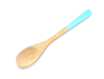Photo of Spoon made of bamboo on white background, top view