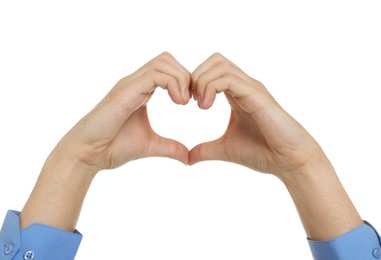 Photo of Man showing heart gesture with hands on white background, closeup