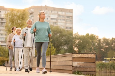 Photo of Group of senior people performing Nordic walking outdoors, space for text. Low angle view