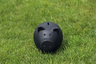 Photo of Cute piggy bank on green grass outdoors