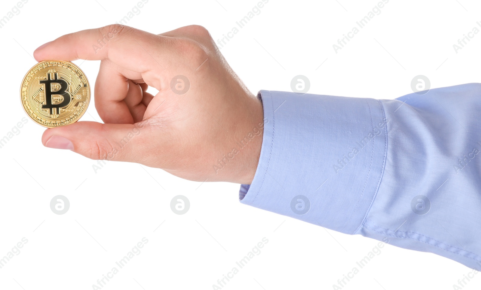 Photo of Man holding golden bitcoin on white background, closeup