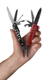 Photo of Man holding multitool on white background, closeup