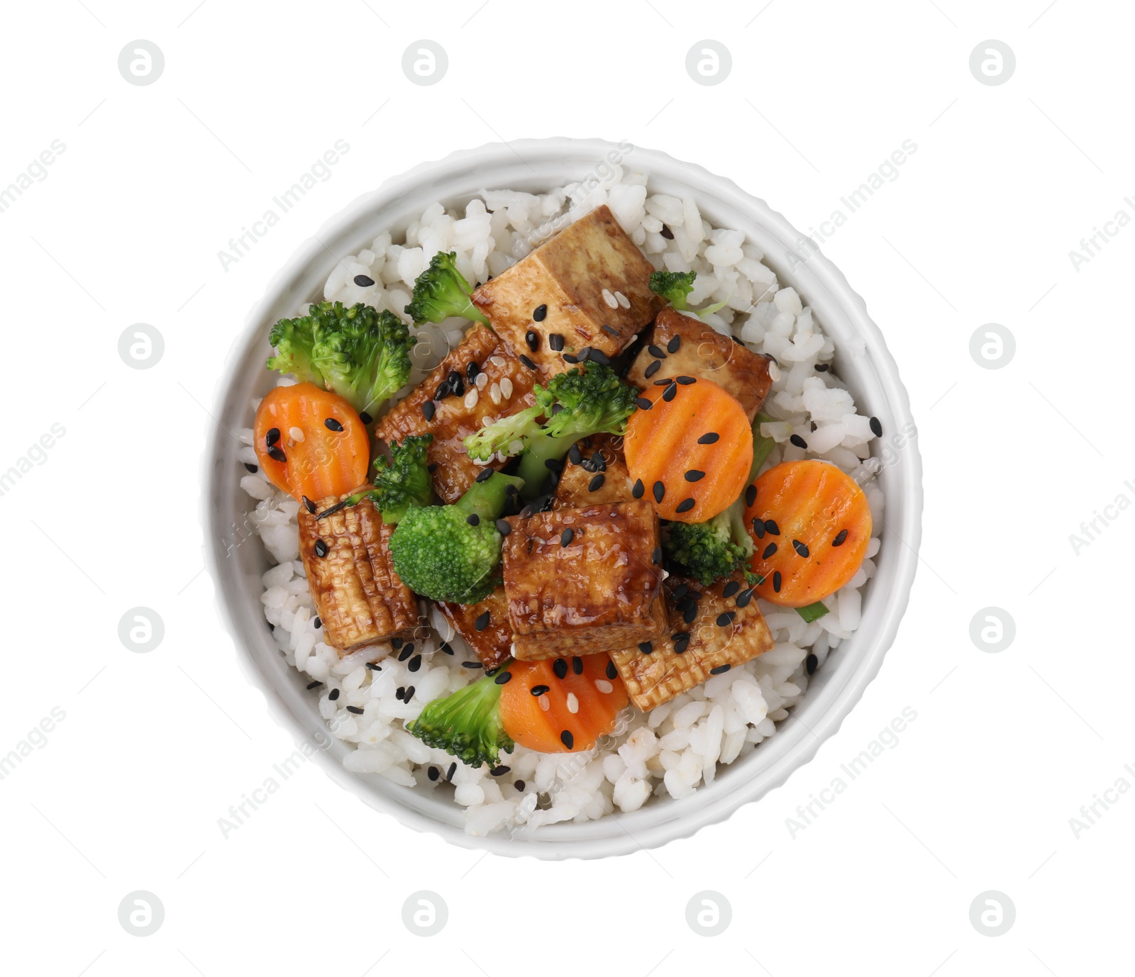 Bowl of rice with fried tofu, broccoli and carrots isolated on white, top view Photo of Bowl of rice with fried tofu, broccoli and carrots isolated on white, top view