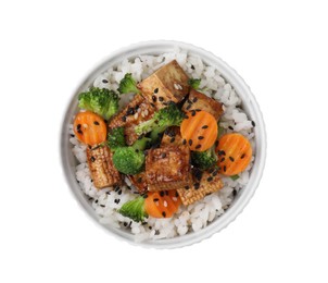Photo of Bowl of rice with fried tofu, broccoli and carrots isolated on white, top view