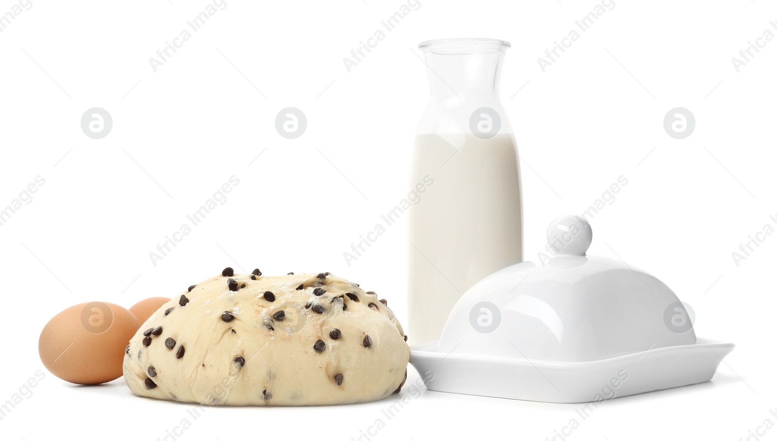 Photo of Composition with wheat dough and products on white background